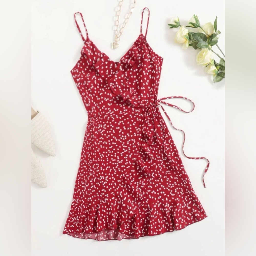 SHEIN Heart Print Ruffle Wrap Cami Dress Size M